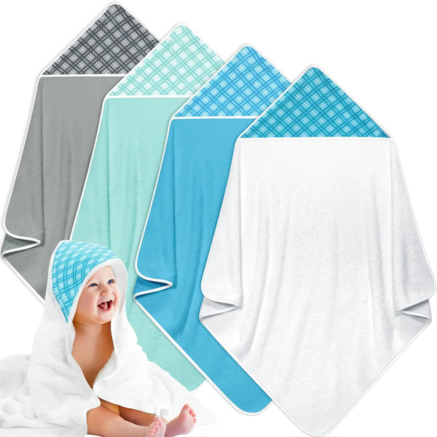 Reginary 4 Pack Baby Hooded Towels Coral Fleece Baby Bath Towels 30 x 30 Inch Soft Absorbent Hooded Bath Blanket for Newborn Toddler Infant Boy Girl (Light Gray Green Blue WhiteStripe Style)