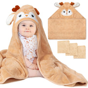Zainpe 4Pcs Baby Animal Character Hooded Towel & Washcloth Set Brown Coral Fleece Soft Absorbent Cute Deer Bath Towel Blanket Hand Towels Infant Shower Gifts for Newborn Toddler Essential