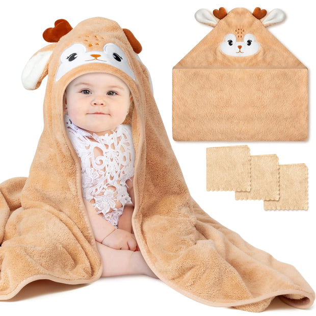 Zainpe 4Pcs Baby Animal Character Hooded Towel & Washcloth Set Brown Coral Fleece Soft Absorbent Cute Deer Bath Towel Blanket Hand Towels Infant Shower Gifts for Newborn Toddler Essential