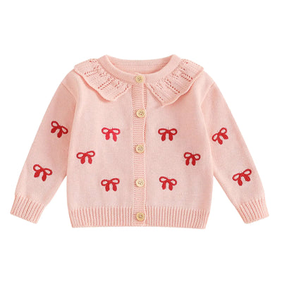 Kodaruber Toddler Baby Girl Knit Cardigan Sweater Bow Print Ruffle Long Sleeve Button Down Sweaters Fall Winter Clothes(Pink6-12 Months)