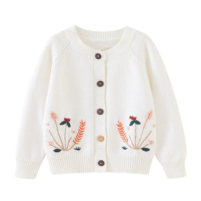Miccina Baby Girls Cardigan Sweater Toddler Boys Knit Embroidery Wheat Jacket Outwear Button Tops White
