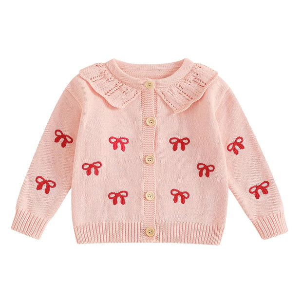 Kodaruber Toddler Baby Girl Knit Cardigan Sweater Bow Print Ruffle Long Sleeve Button Down Sweaters Fall Winter Clothes(Pink6-12 Months)
